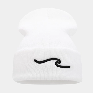 White knit beanie with black wave embroidery and classic cuffed hem for women