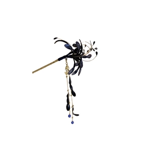 Traditional Chinese hair pin with blue spider lily flower and long hanging tassels