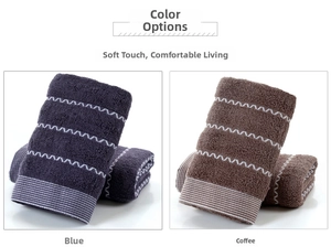 Detail of blue and coffee cotton towels with white wavy patterns and ribbed edges