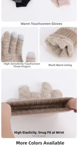 Detail view of khaki knit gloves with touch screen tips and thick fleece lining