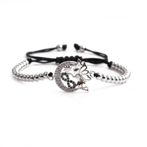 Silver bead bracelet with fairy moon and infinity charms on black adjustable cord