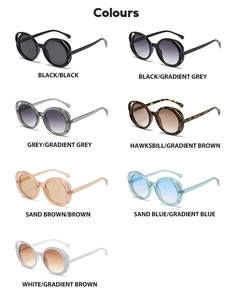Detail view of oval hollow double-layer frame sunglasses in seven color combinations