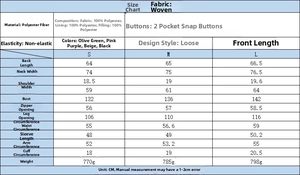 Detailed size guide table with measurements for the loose fit polyester flight bomber jacket