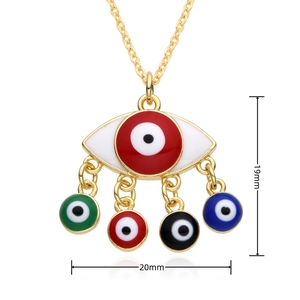 Detail view of the colorful Evil Eye pendant with 19mm and 20mm dimension markings