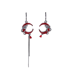 Gothic asymmetrical crescent moon and rose vine earrings with red crystal tassels
