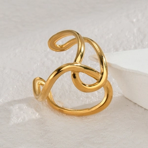 Polished gold irregular twisted geometric ring with abstract fluid knotted design