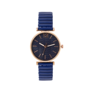 Elegant ladies quartz watch with rose gold case, blue leaf dial and stretch band
