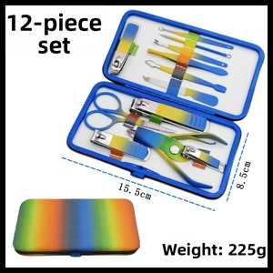 Rainbow stainless steel manicure set 12-piece personal care kit with size and weight detail