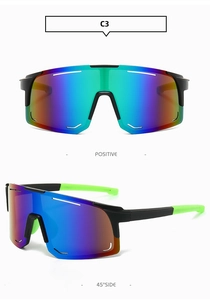 Macro view of C3 sports sunglasses with colorful coated lenses and black-green frame