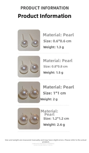 Size chart for pearl stud earrings showing 0.6cm to 1.2cm diameters and weights