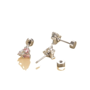 Boucles d'oreilles nœud argenté avec pierres roses triangulaires et fermoir à vis