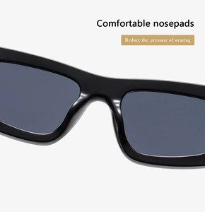 Detail of comfortable integrated nose pads on black square sunglasses for pressure relief
