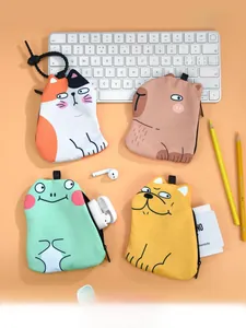 Detail of cute animal storage pouches for earphones showing zipper and hook features