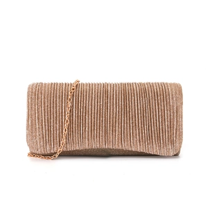 Elegant champagne gold pleated evening clutch bag with glossy texture and gold chain strap