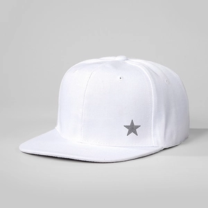 Close-up of white snapback hat showing detailed gray star embroidery and twill texture
