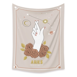 Bohemian Aries zodiac tapestry with pink roses and gold stars for wall decor