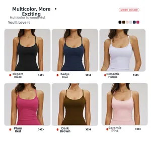 Détails des débardeurs de yoga moulants en six couleurs dont noir, bleu et violet clair