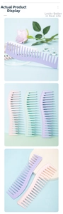 Macro shot of wide tooth hair combs in purple pink and mint green candy colors