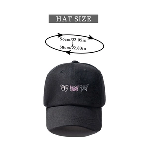 Detailed size chart for the butterfly baseball hat showing hat circumference 56cm-58cm