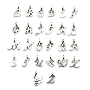 Set of 26 silver alphabet letter charms for DIY jewelry making arranged in a matrix