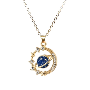 Planet Pendant Necklace Alloy Blue Enamel Rhinestone Celestial Star Moon Minimalist Dreamy Jewelry Women