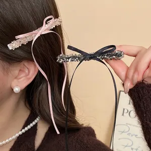 Elegant Heart Rhinestone Bowknot Hair Clip Lace Ribbon Faux Artificial Pearl Alloy Duckbill Hairpin For Women Styling Accessory