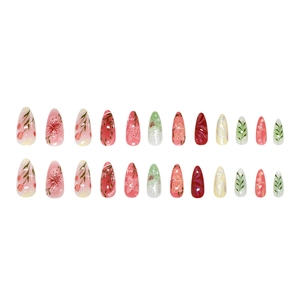 24pcs almond press on nails with pink tulip floral designs and glossy glazed finish