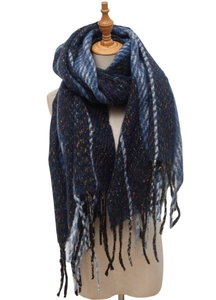 Detail of dark blue scarf with colorful flecks, light blue stripes and tassel edges