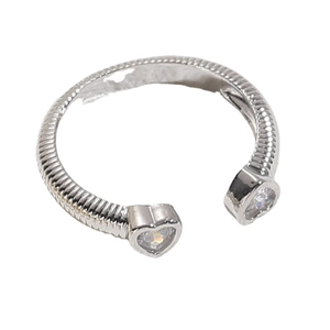 Adjustable silver bypass ring featuring sparkling heart-shaped cubic zirconia crystals