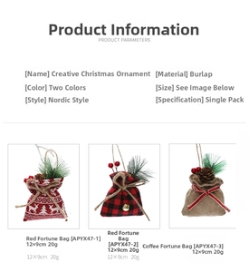 Close-up of burlap Christmas gift bags with elk patterns, berries and pine cones ornaments