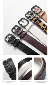 Close-up of gold-plated buckle, faux leather texture, and detailed edge finishing