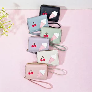 Minimalist cherry ice cream embroidery wallet set with portable wrist strap in pastel colors