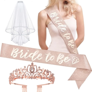 Rose gold Bride to Be sash with tiered white bridal veil and rhinestone crown headband