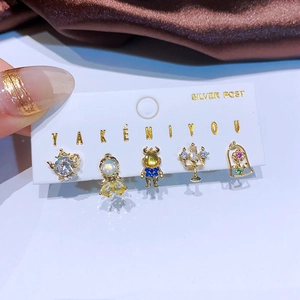 Five-piece Beauty and the Beast themed gold stud earrings with colorful zircons