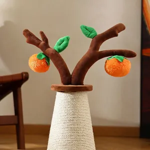 Vertical sisal cat scratching post with hanging persimmon toys and tree branch design