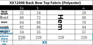 Detailed size chart for bow back top including chest and length measurements in cm