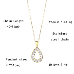 Detail view of gold stainless steel teardrop necklace with size and weight specifications