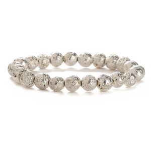 Natural purple emperor stone and silver textured beaded bracelet on white background