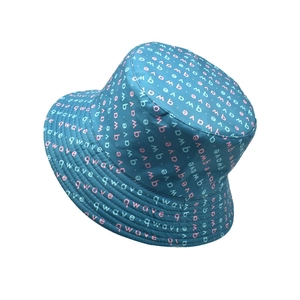 Blue fisherman hat with pink 'qwave' lettering print shown from a top-down view