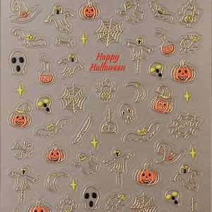 3D metallic Halloween nail stickers with pumpkins, ghosts and spider webs patterns