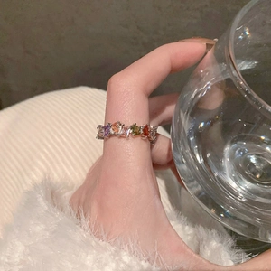 Dreamy Rainbow Zirconia Ring For Women Luxury Niche Copper Adjustable Open Ring Fashionable Geometric Finger Jewelry Gift