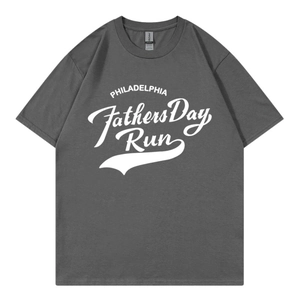 Deep gray cotton t-shirt with PHILADELPHIA Fathers Day Run print in a minimalist layout