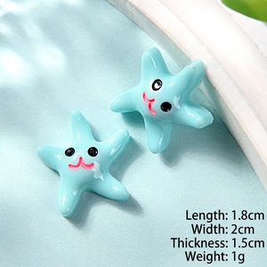 Detailed view of blue resin starfish charms with smiley faces and dimensions 1.8x2cm