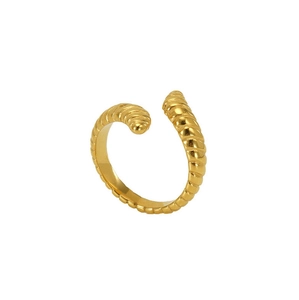 Detailed close-up of gold croissant ring with vintage twisted texture and open band design