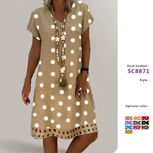 Polka Dot Midi Dress For Women V Neck Short Sleeve Hollow Out Hem Bohemian Casual Summer Polyester