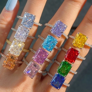 Sparkling S925 silver rings with radiant rectangle-cut colorful high carbon diamonds