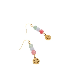 Ethnic gold drop earrings with colorful gradient beads and star-eyed smiley face charms