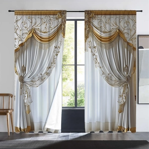Detail of luxury white curtains featuring gold embroidery and elegant hanging tassels