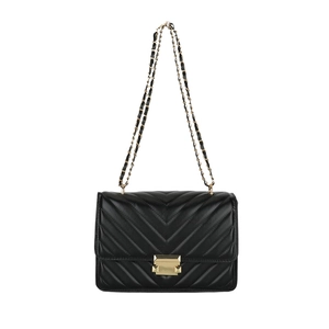 Classic black quilted crossbody bag with golden chain strap and rectangular metal lock buckle