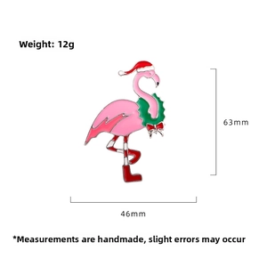Detailed size chart of pink flamingo Christmas brooch with festive wreath and hat